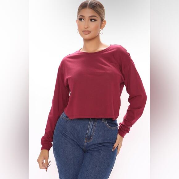 FASHION NOVA Leslie Long Sleeve Cropped Tee in Wine Size Medium - Picture 1 of 11